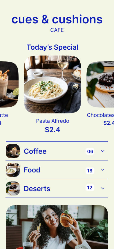 Cues & Cushions menu template: a light blue caf&eacute; bar menu with drinks categories and a clean two-column layout.