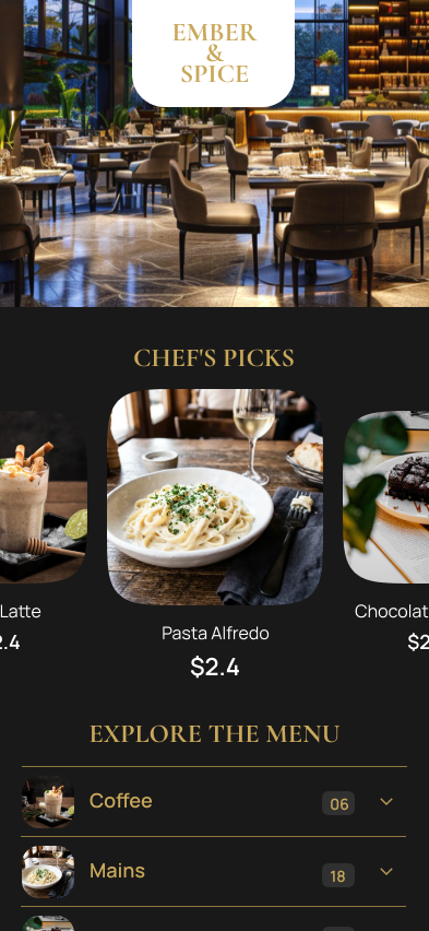 Ember & Spice menu template: a dark fine-dining menu with a gold serif wordmark, chef&rsquo;s picks and expandable categories.