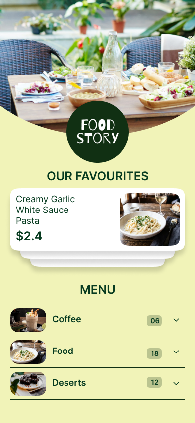 Food Story menu template: a pistachio and green caf&eacute; menu with a friendly wordmark and photo-led item rows.