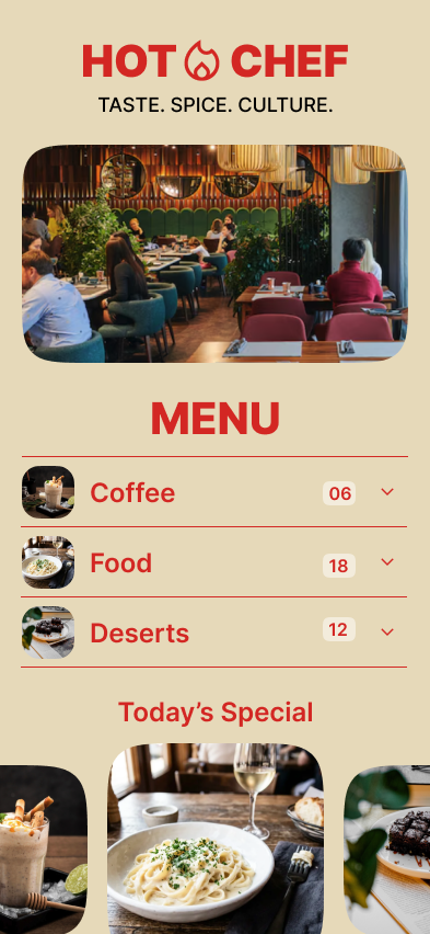 Hot Chef menu template: a bold sand and red menu with a large wordmark, category rows and today&rsquo;s specials.