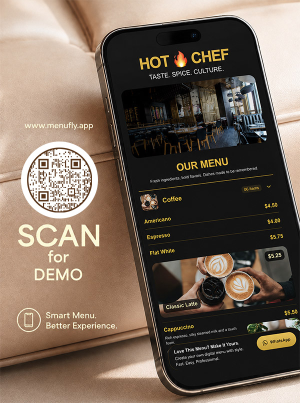 A Hot Chef digital menu open on a phone, beside a printed card with a QR code reading &ldquo;Scan for demo&rdquo;.