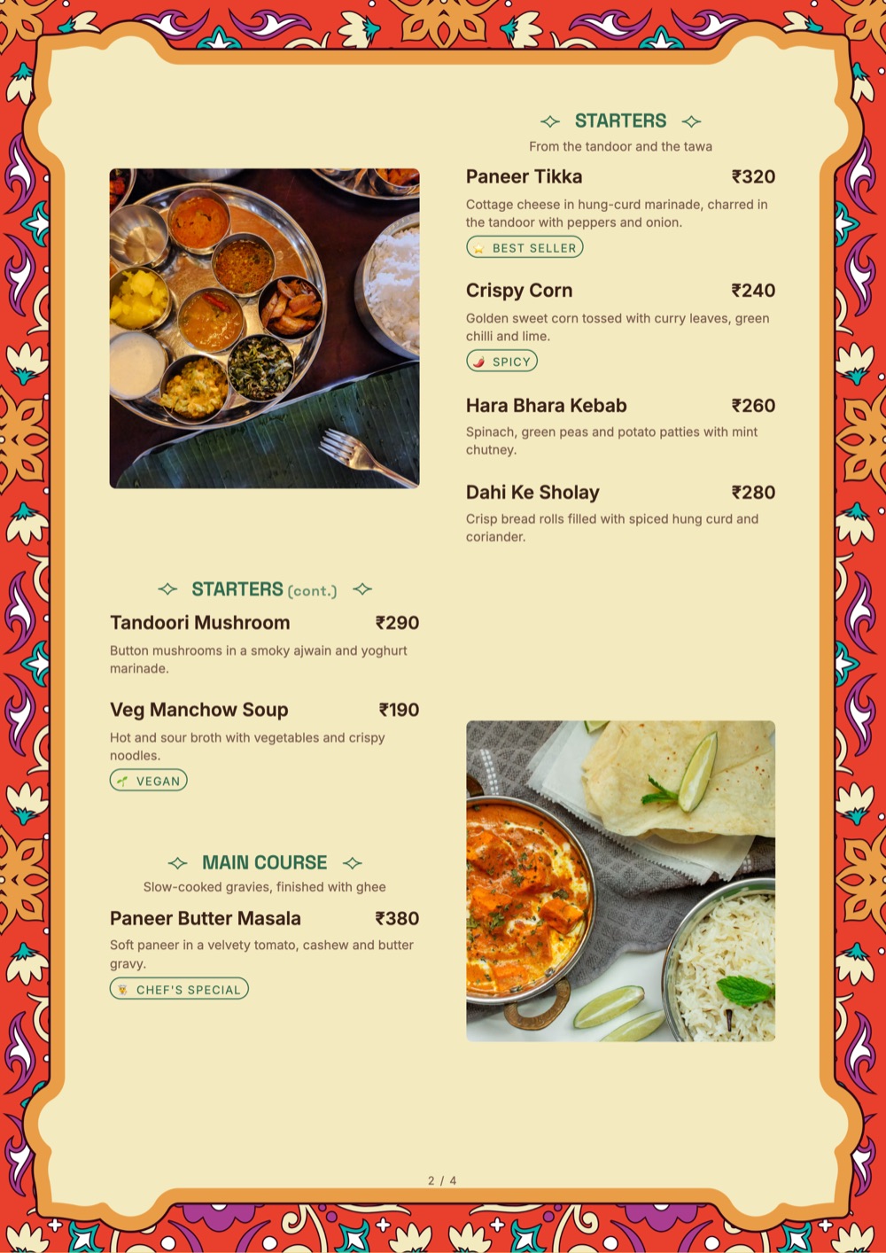 Folk Blossom print-ready menu template by MenuFly, A4.
