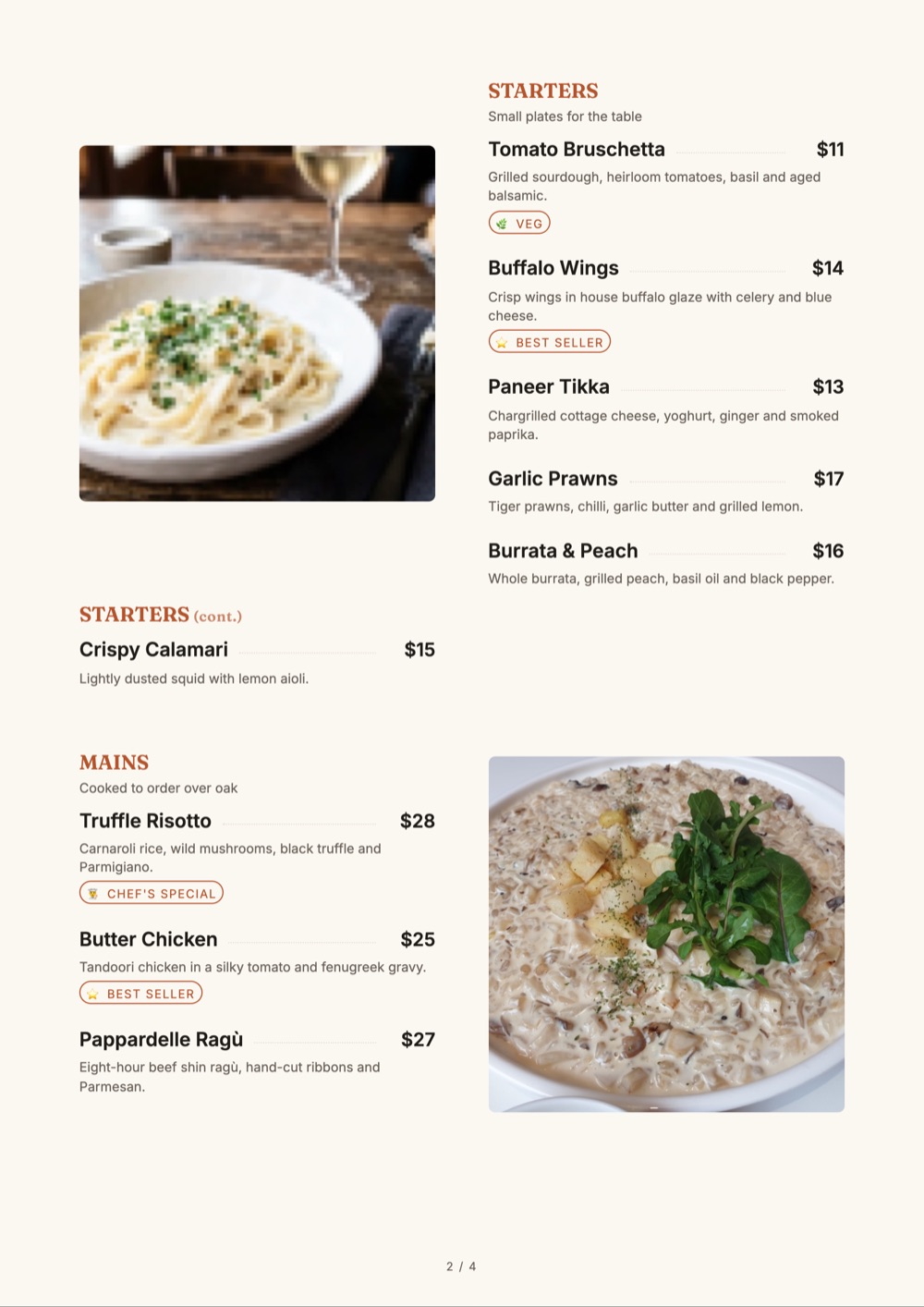 Hero Dish print-ready menu template by MenuFly, A4.