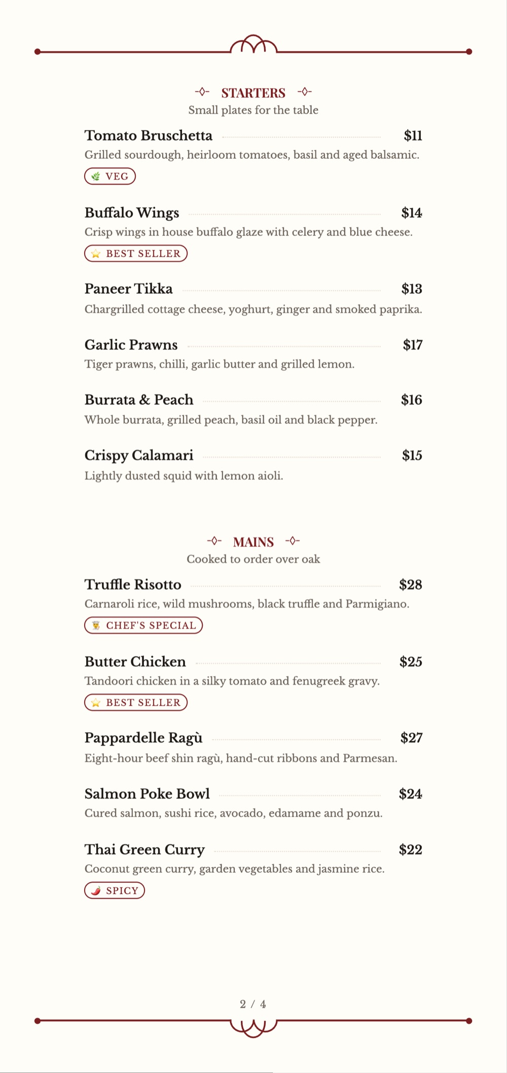 Classic Menu print-ready menu template by MenuFly, 5.2 x 11 in.