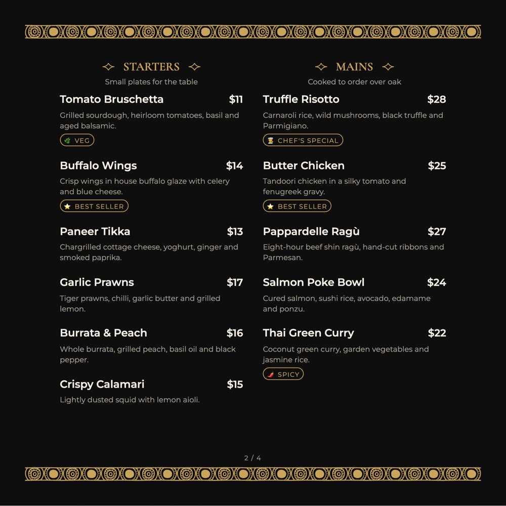 Luxury Black print-ready menu template by MenuFly, 8 x 8 in.