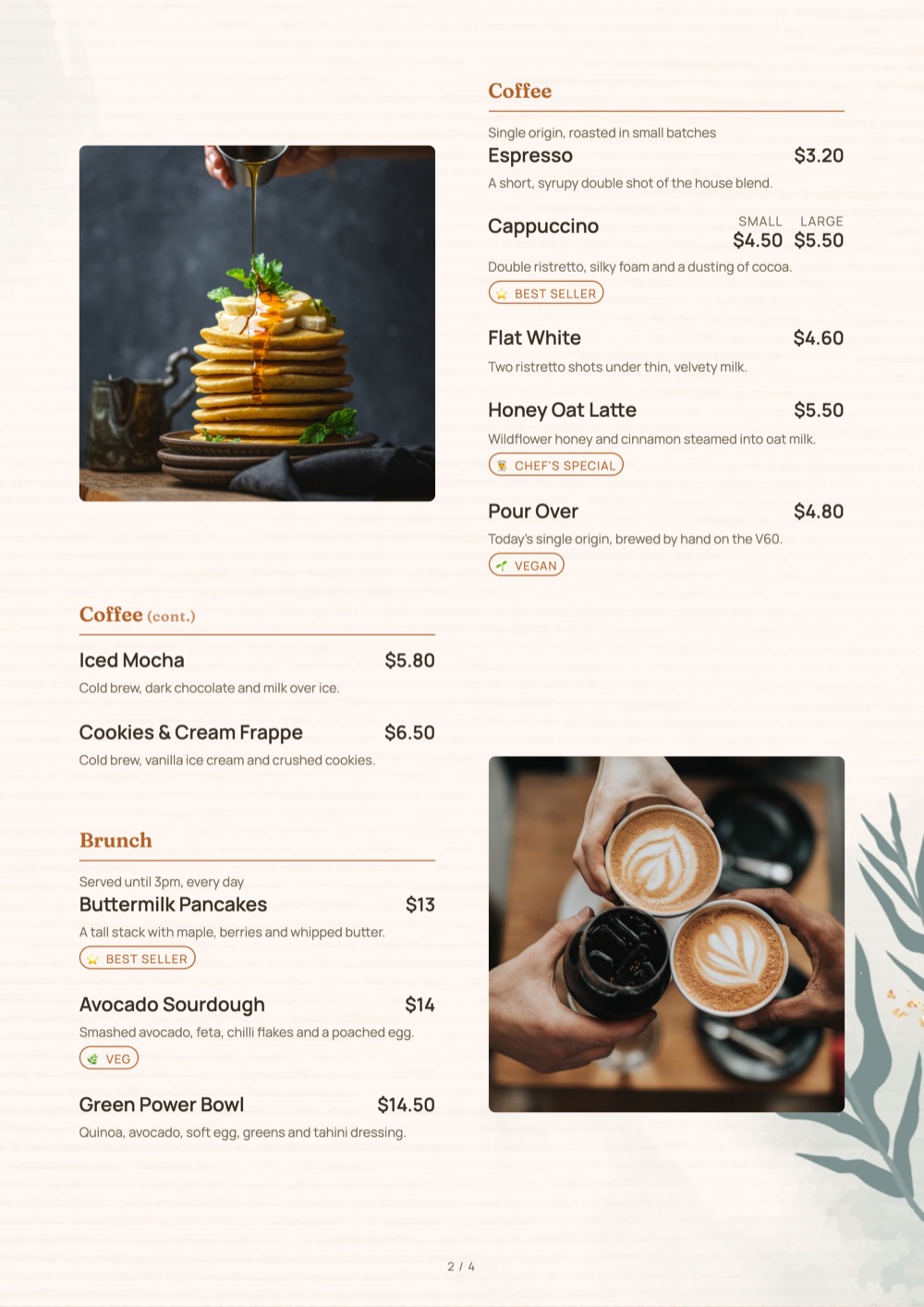 Blush Foliage print-ready menu template by MenuFly, A4.