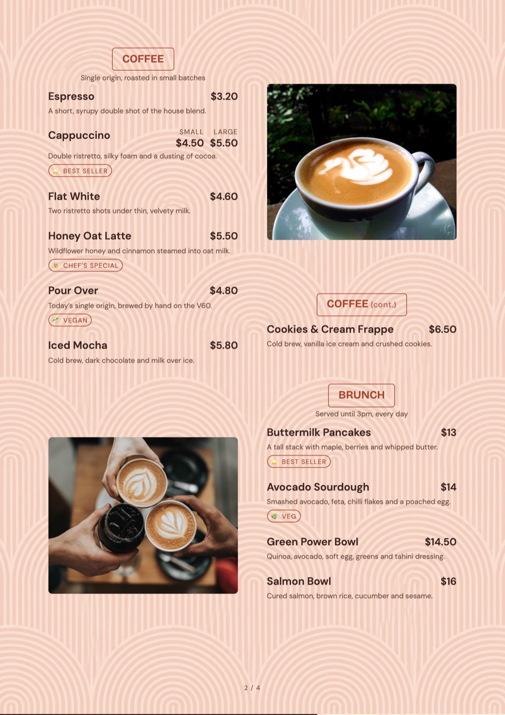 Peach Arches print-ready restaurant menu template by MenuFly.