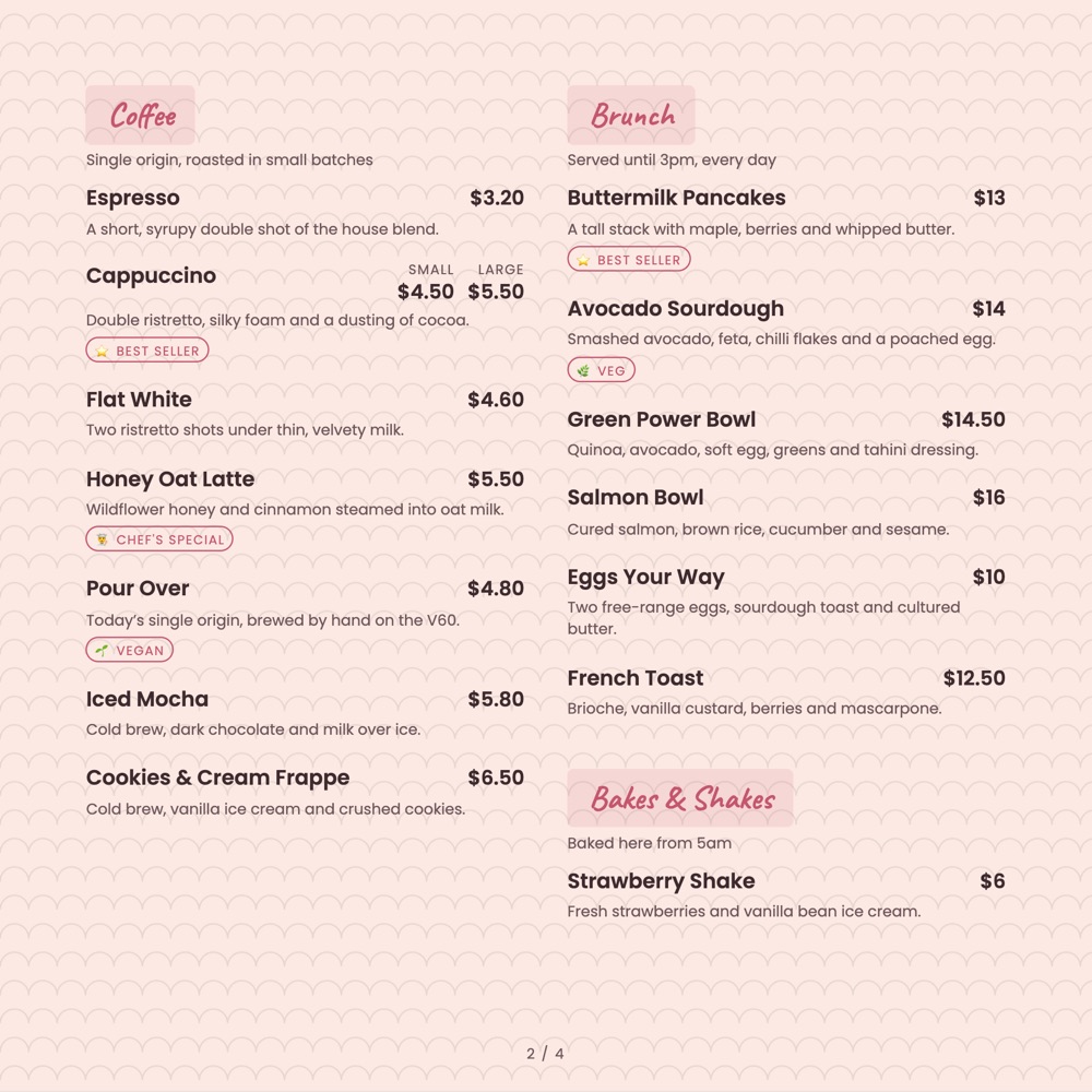 Pastel Cafe print-ready menu template by MenuFly, 8 x 8 in.