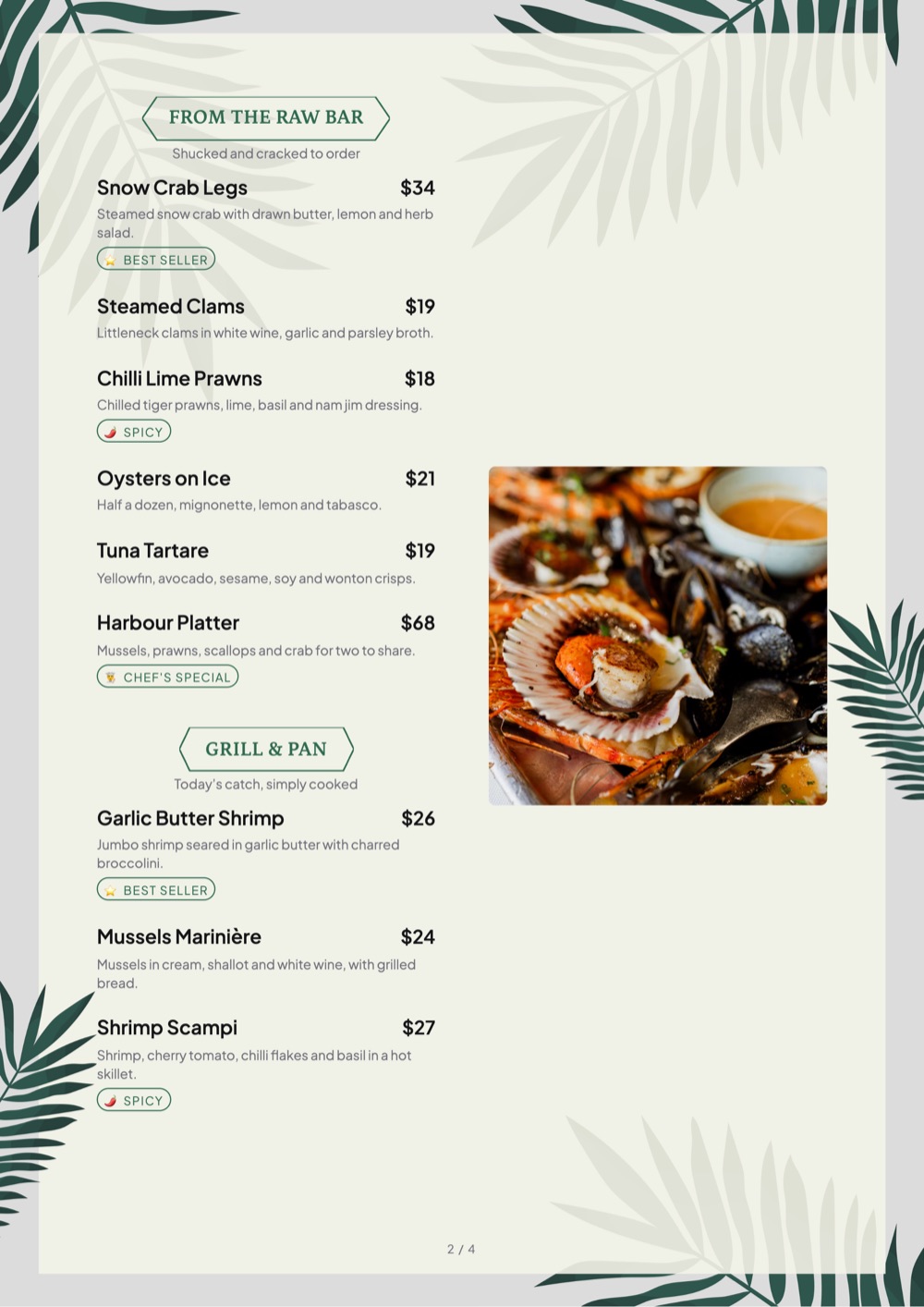 Palm Frame print-ready menu template by MenuFly, A4.
