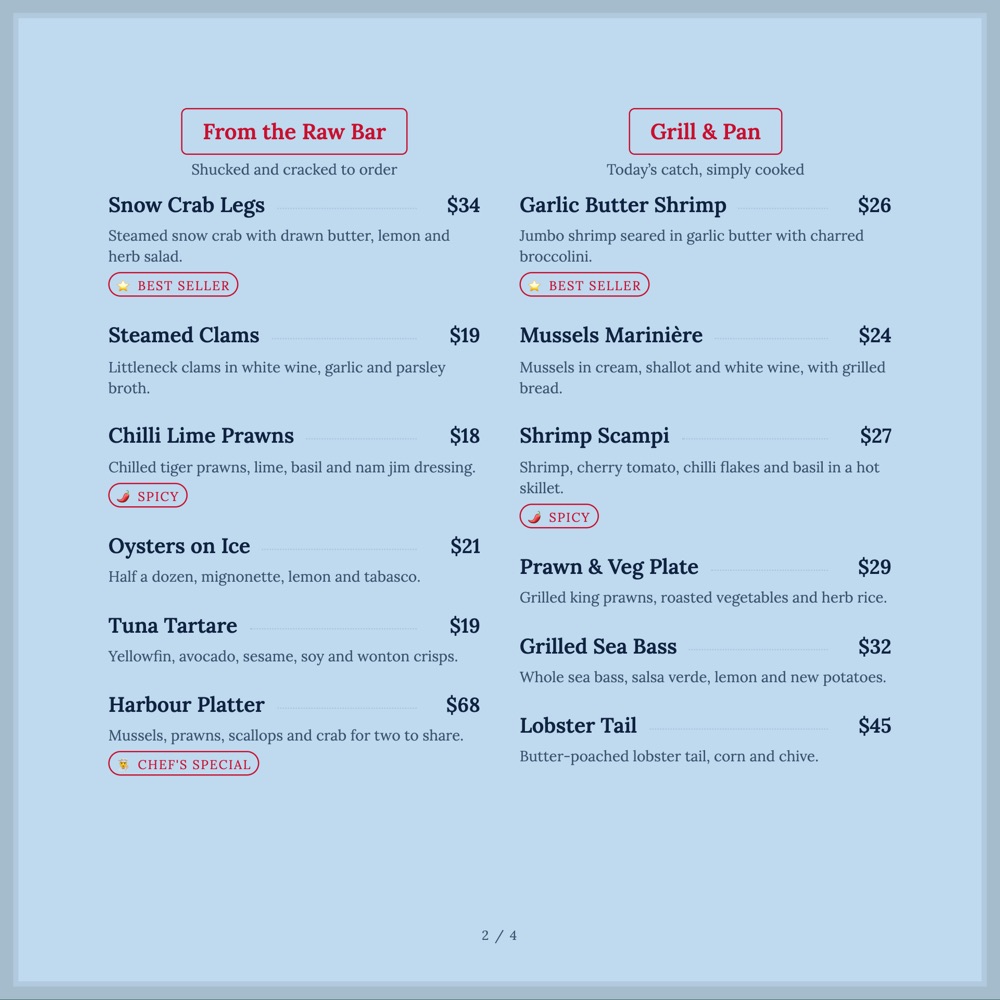 Riviera Frame print-ready menu template by MenuFly, 8 x 8 in.
