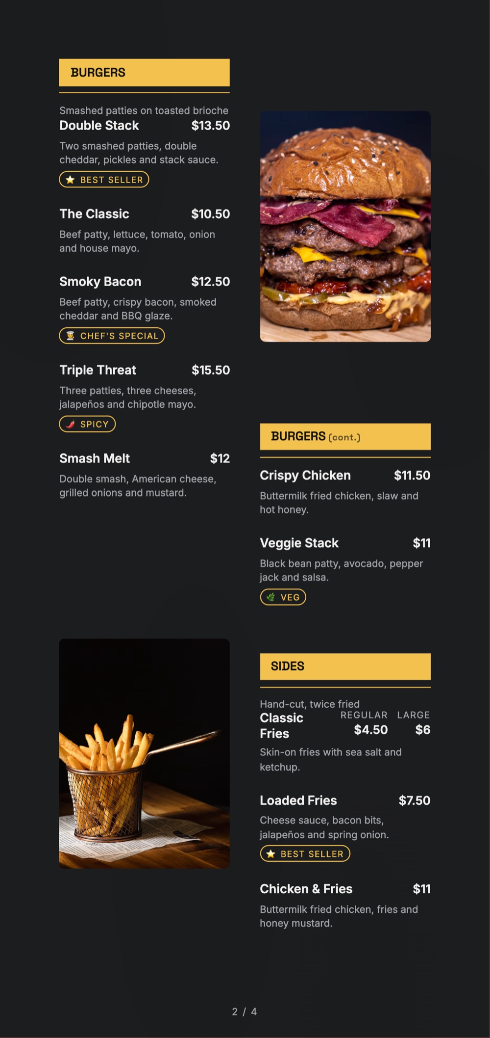 Urban Kitchen print-ready menu template by MenuFly, 5.2 x 11 in.