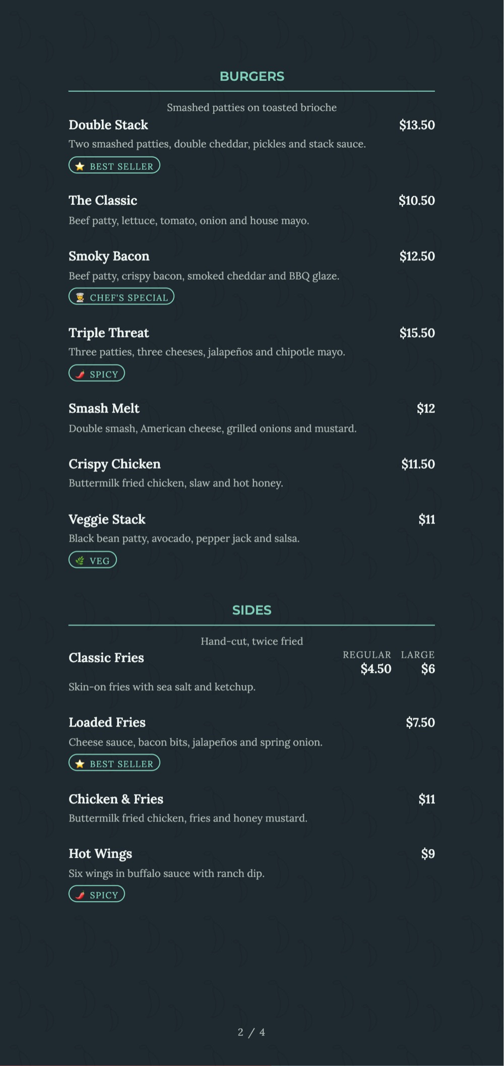 Slate Chilli print-ready menu template by MenuFly, 5.2 x 11 in.