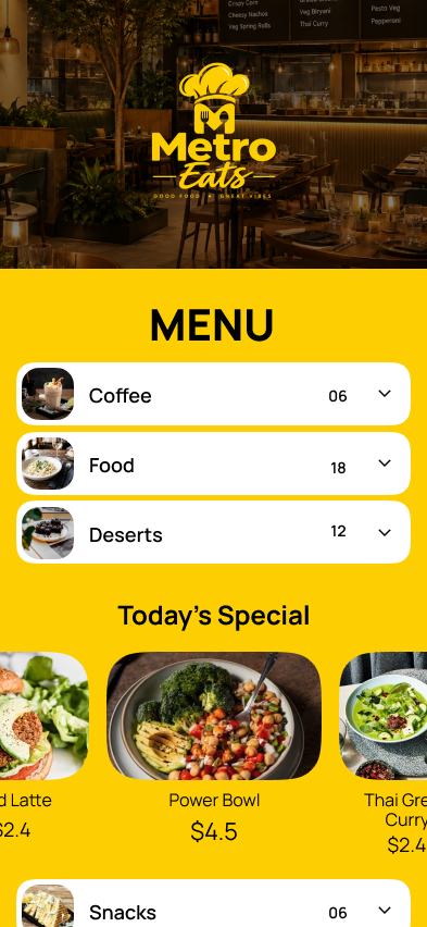 Metro Eats menu template: a bold yellow and black menu with a logo hero, white category cards and today&rsquo;s specials.