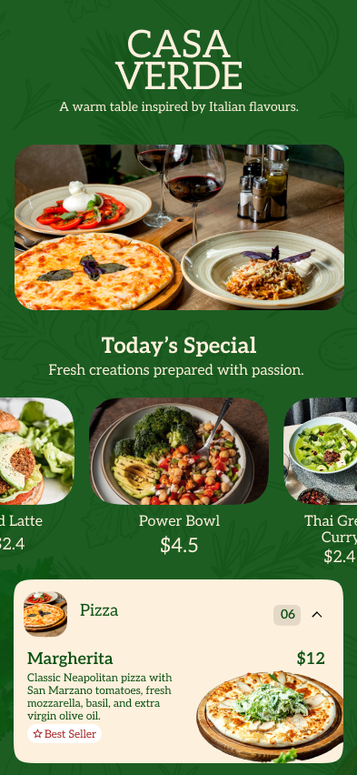 Casa Verde menu template: a forest-green Italian menu with a serif wordmark, a hero dish photo and an expanded pizza section.