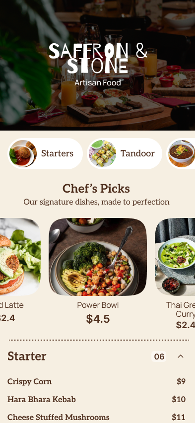 Saffron & Stone menu template: a warm cream menu with a photo hero, round category chips and a chef&rsquo;s picks carousel.