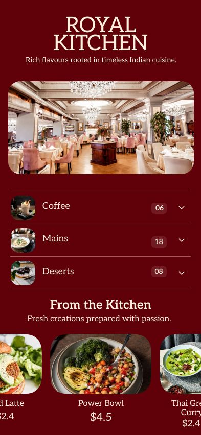 Royal Kitchen menu template: a deep maroon fine-dining menu with a serif wordmark, a room photo and thumbnail category rows.