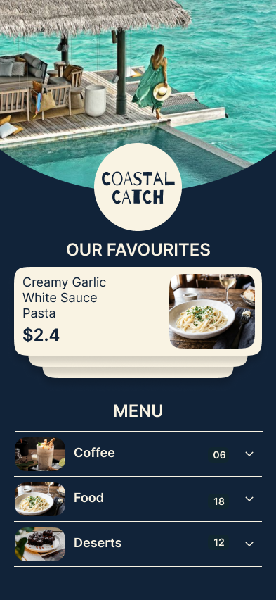 Coastal Catch menu template: a navy seafood menu with a curved turquoise header, a circular logo badge and a favourites card.