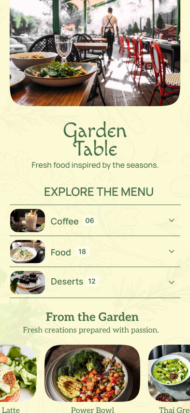 Garden Table menu template: a soft green seasonal menu with a handwritten wordmark, a photo banner and thumbnail category rows.