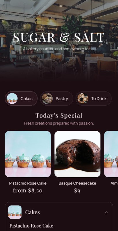 After Dark menu template: a mobile bar menu with a wordmark header, a photo banner, category tabs and priced item rows you can edit.