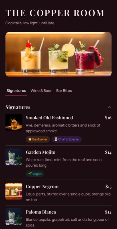 Amber Club menu template: a mobile bar menu with a wordmark header, a photo banner, category tabs and priced item rows you can edit.