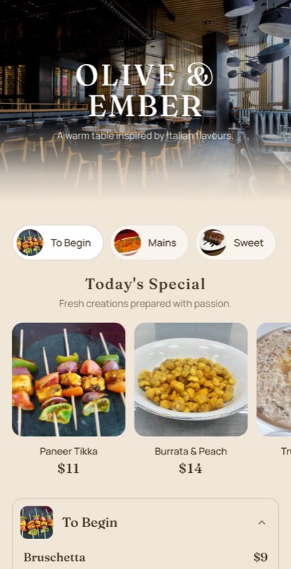 Atelier menu template: a mobile fine dining menu with a wordmark header, a photo banner, category tabs and priced item rows you can edit.