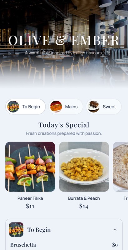 Atrium menu template: a mobile hotel menu with a wordmark header, a photo banner, category tabs and priced item rows you can edit.