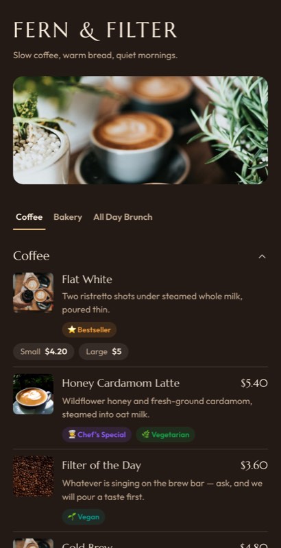 Barista Board menu template: a mobile coffee shop menu with a wordmark header, a photo banner, category tabs and priced item rows you can edit.