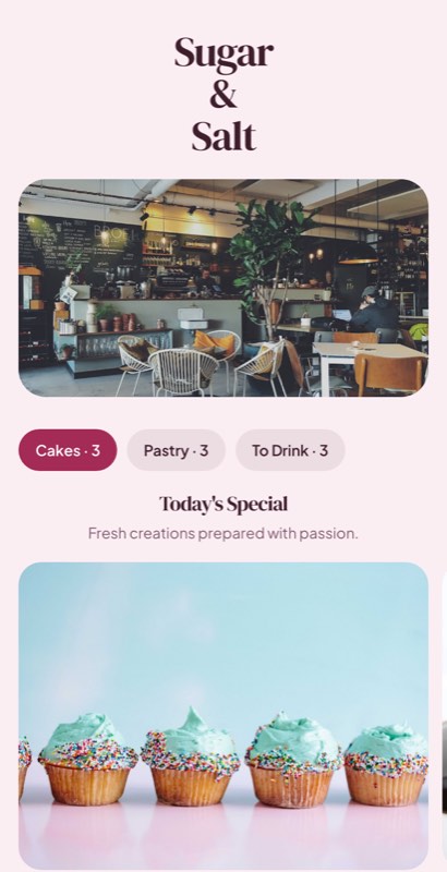 Berry Sweet menu template: a mobile dessert menu with a wordmark header, a photo banner, category tabs and priced item rows you can edit.