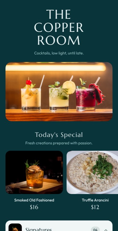 Botanist menu template: a mobile cafe menu with a wordmark header, a photo banner, category tabs and priced item rows you can edit.