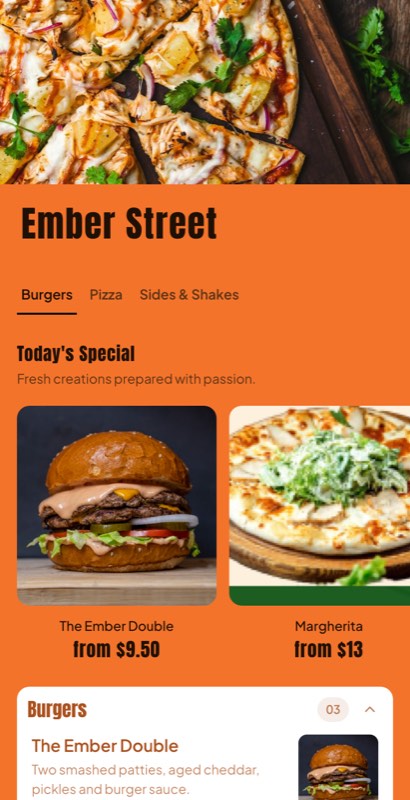 Box & Bag menu template: a mobile takeaway menu with a wordmark header, a photo banner, category tabs and priced item rows you can edit.