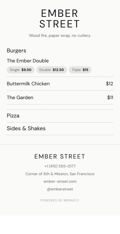 Brandless menu template: a mobile cloud kitchen menu with a wordmark header, a photo banner, category tabs and priced item rows you can edit.