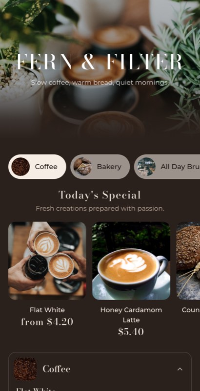 Brick & Bean menu template: a mobile coffee shop menu with a wordmark header, a photo banner, category tabs and priced item rows you can edit.