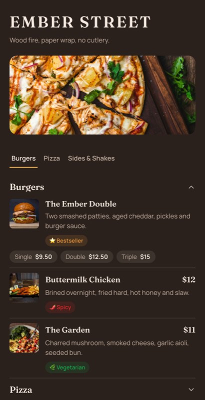 Brick Oven menu template: a mobile pizza menu with a wordmark header, a photo banner, category tabs and priced item rows you can edit.