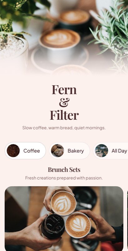Brunch Club menu template: a mobile breakfast menu with a wordmark header, a photo banner, category tabs and priced item rows you can edit.