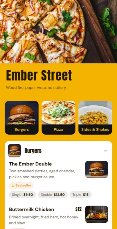 Burger Block menu template: a mobile fast food menu with a wordmark header, a photo banner, category tabs and priced item rows you can edit.