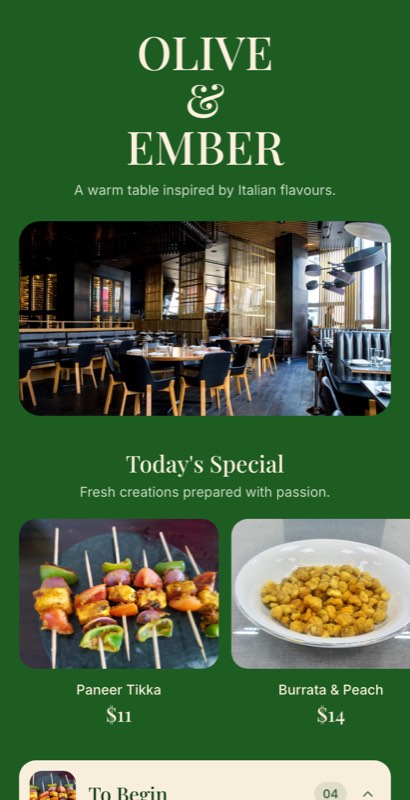 Casa Verde menu template: a mobile restaurant menu with a wordmark header, a photo banner, category tabs and priced item rows you can edit.
