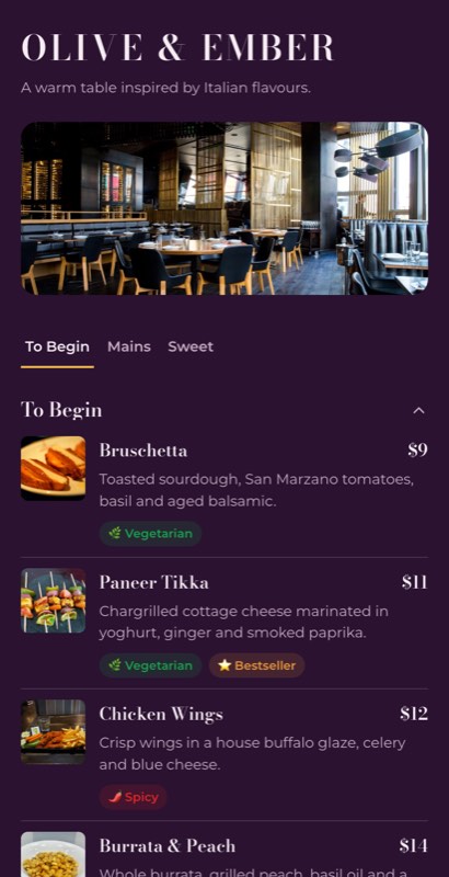 Cellar menu template: a mobile bar menu with a wordmark header, a photo banner, category tabs and priced item rows you can edit.