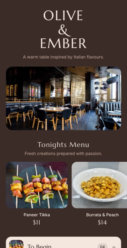 Chef’s Table menu template: a mobile fine dining menu with a wordmark header, a photo banner, category tabs and priced item rows you can edit.