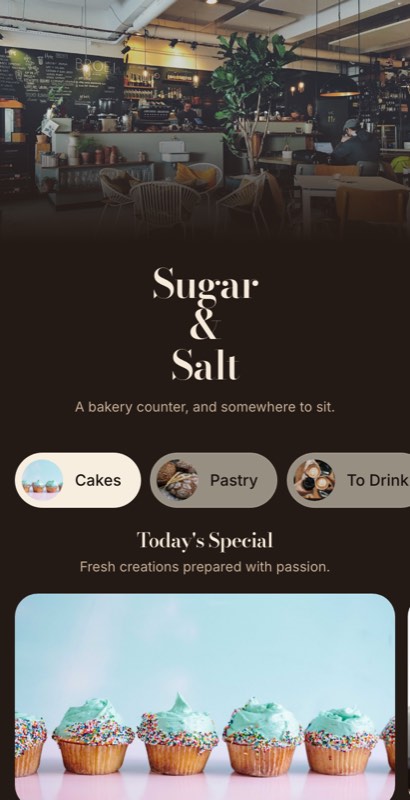 Chocolat menu template: a mobile dessert menu with a wordmark header, a photo banner, category tabs and priced item rows you can edit.