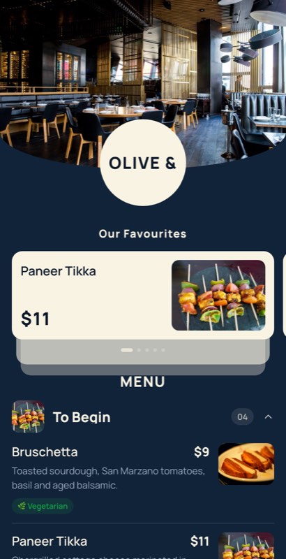 Coastal Catch menu template: a mobile restaurant menu with a wordmark header, a photo banner, category tabs and priced item rows you can edit.