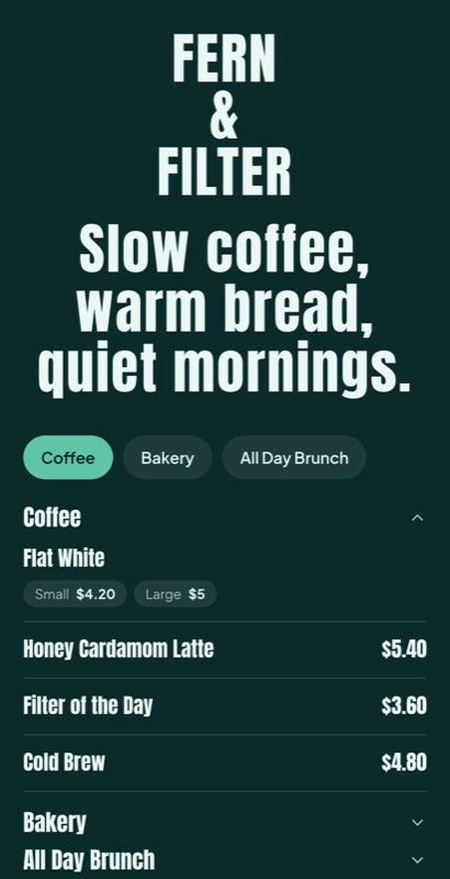 Cold Brew Club menu template: a mobile coffee shop menu with a wordmark header, a photo banner, category tabs and priced item rows you can edit.