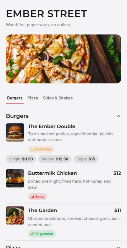 Collection Counter menu template: a mobile takeaway menu with a wordmark header, a photo banner, category tabs and priced item rows you can edit.