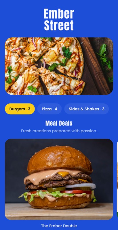 Combo King menu template: a mobile fast food menu with a wordmark header, a photo banner, category tabs and priced item rows you can edit.