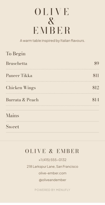 Concierge menu template: a mobile hotel menu with a wordmark header, a photo banner, category tabs and priced item rows you can edit.