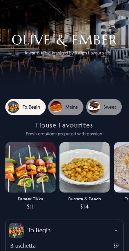 Copper Lantern menu template: a mobile restaurant menu with a wordmark header, a photo banner, category tabs and priced item rows you can edit.