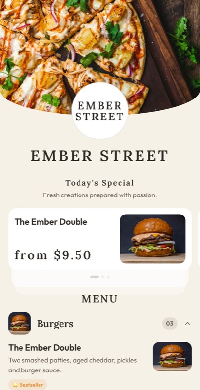 Corner Shop menu template: a mobile takeaway menu with a wordmark header, a photo banner, category tabs and priced item rows you can edit.