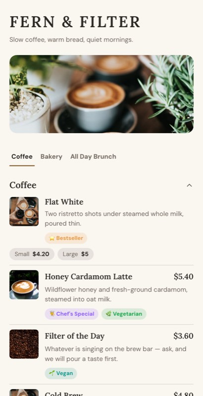 Corner Window menu template: a mobile cafe menu with a wordmark header, a photo banner, category tabs and priced item rows you can edit.