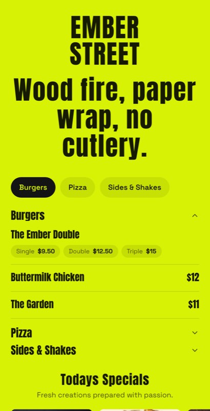 Curb Side menu template: a mobile food truck menu with a wordmark header, a photo banner, category tabs and priced item rows you can edit.