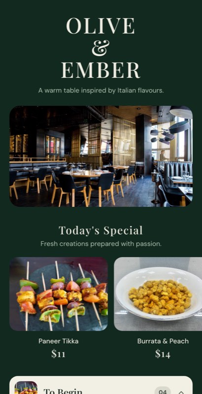 Curry Leaf menu template: a mobile indian restaurant menu with a wordmark header, a photo banner, category tabs and priced item rows you can edit.