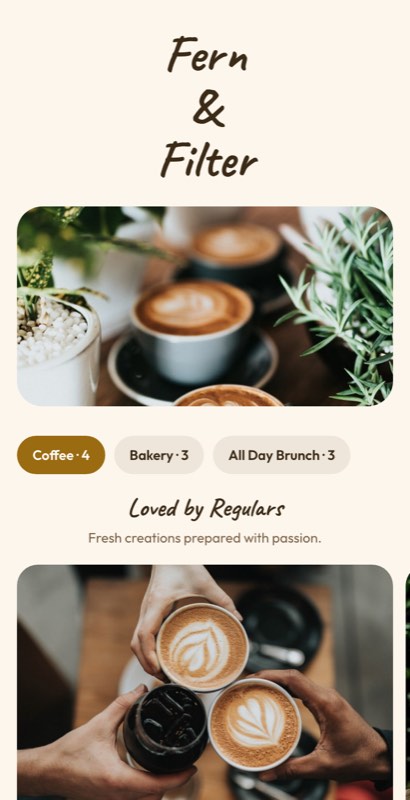 Daylight Cafe menu template: a mobile cafe menu with a wordmark header, a photo banner, category tabs and priced item rows you can edit.